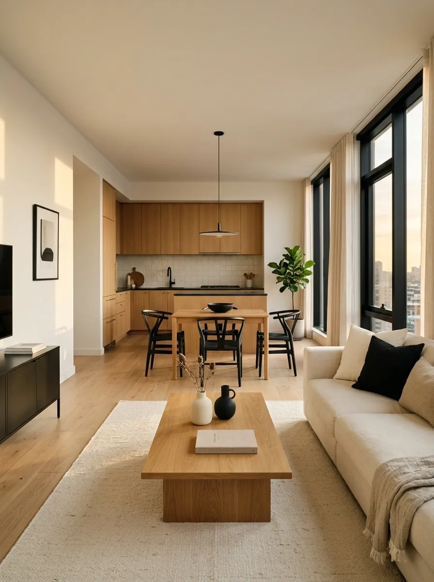 Warm Black and Honey Oak Apartment With Graphic Contrast