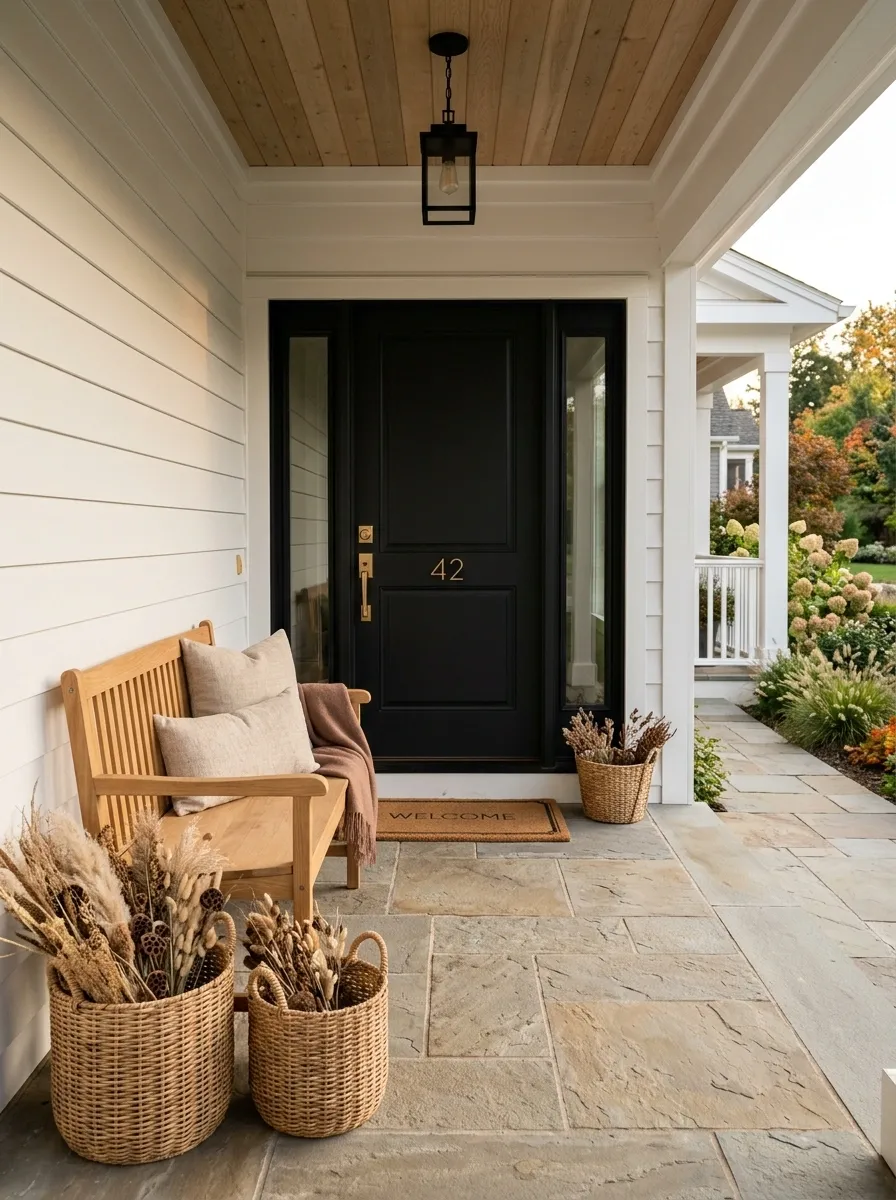 Warm Black Door With Natural Oak and Muted Rust