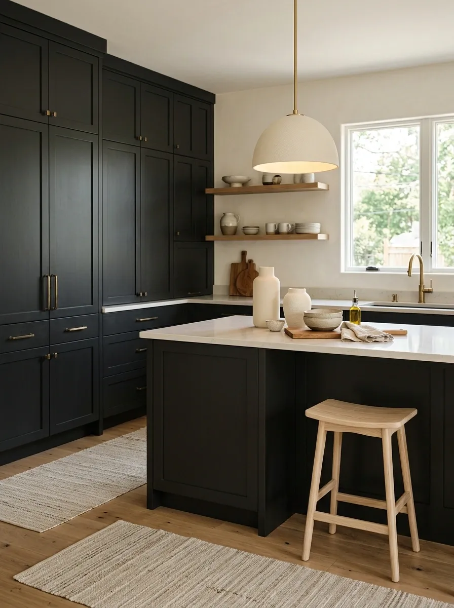 Warm Black Kitchen With Light Natural Counter Styling