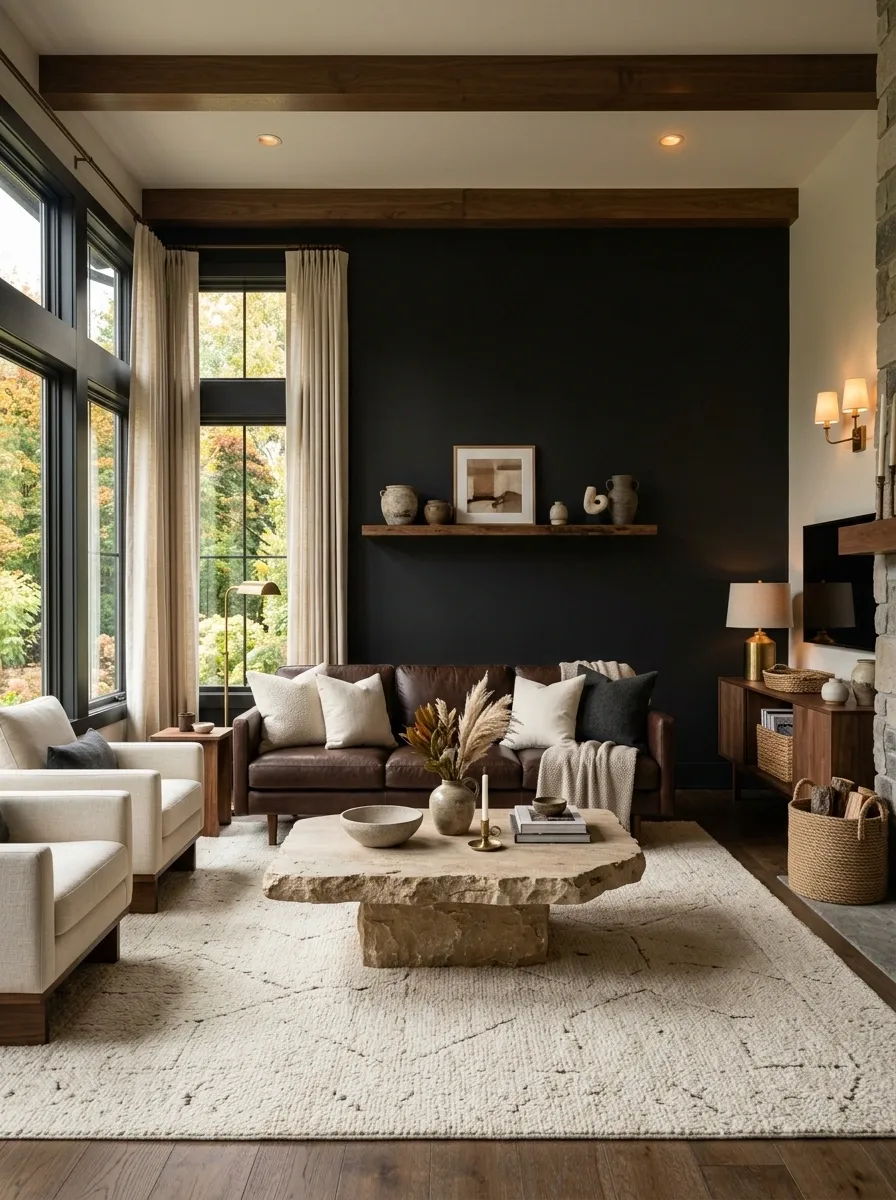 Warm Black Living Room With Layered Brown, Cream, and Stone