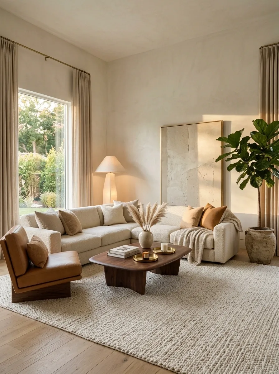 Warm Bouclé Sectional With a Low Walnut Conversation Table