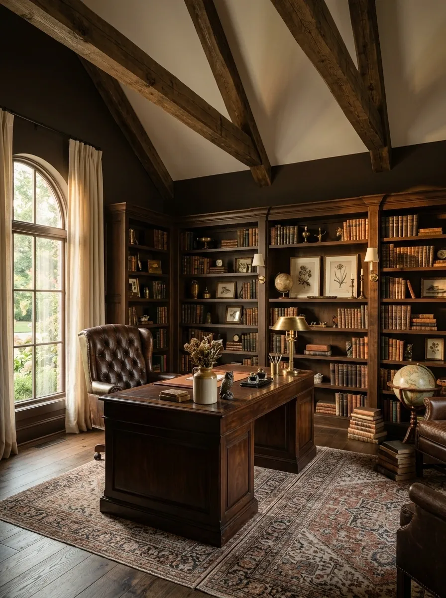 Warm Brown Dark Academia Office With Exposed Ceiling Beams