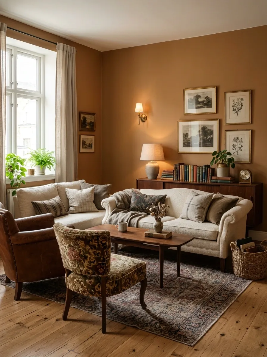 Warm Caramel Apartment With Walnut Furniture and Faded Textiles