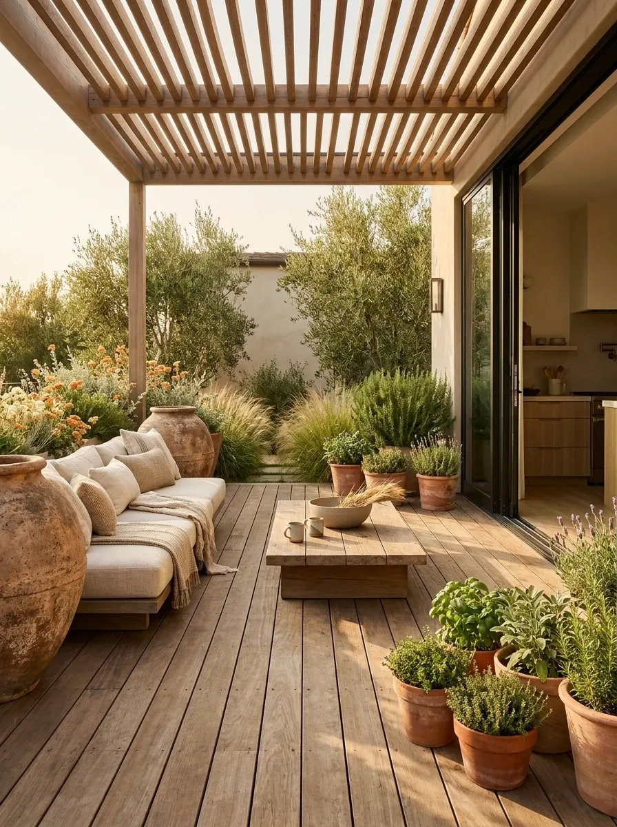Warm Cedar Deck With Oversized Terracotta Planters and Mediterranean Planting