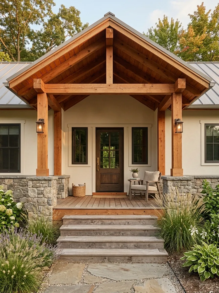Warm Cedar Porch With Natural Stone Foundation