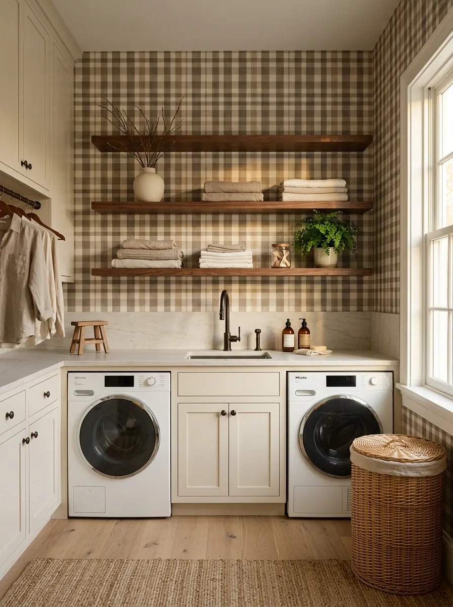 Warm Check Wallpaper With Cream Cabinets and Walnut