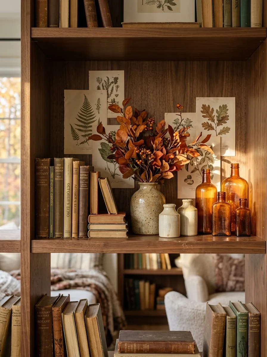 Warm Collected Shelf With Amber Glass, Old Books, and Burnt Orange Foliage