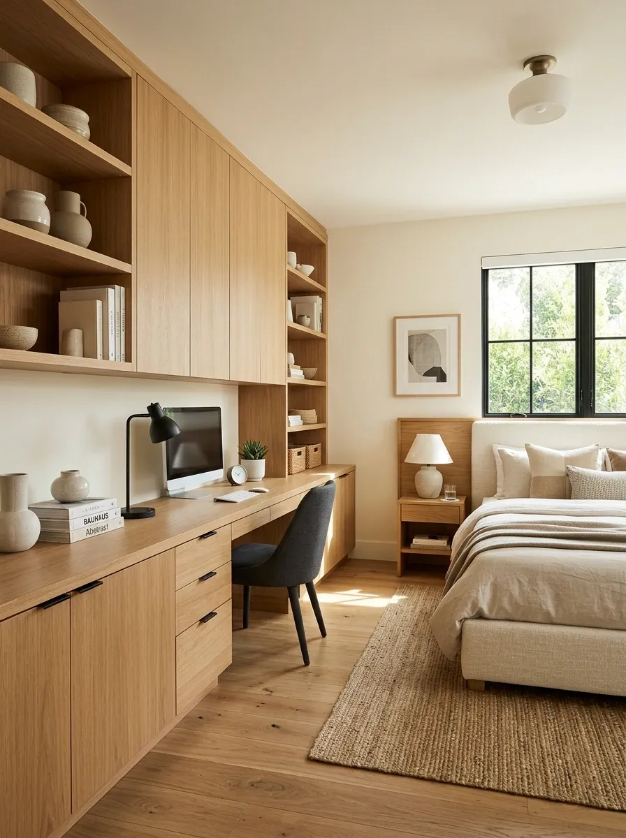 Warm Contemporary Guest Room With a Full-Length Built-In Worktop