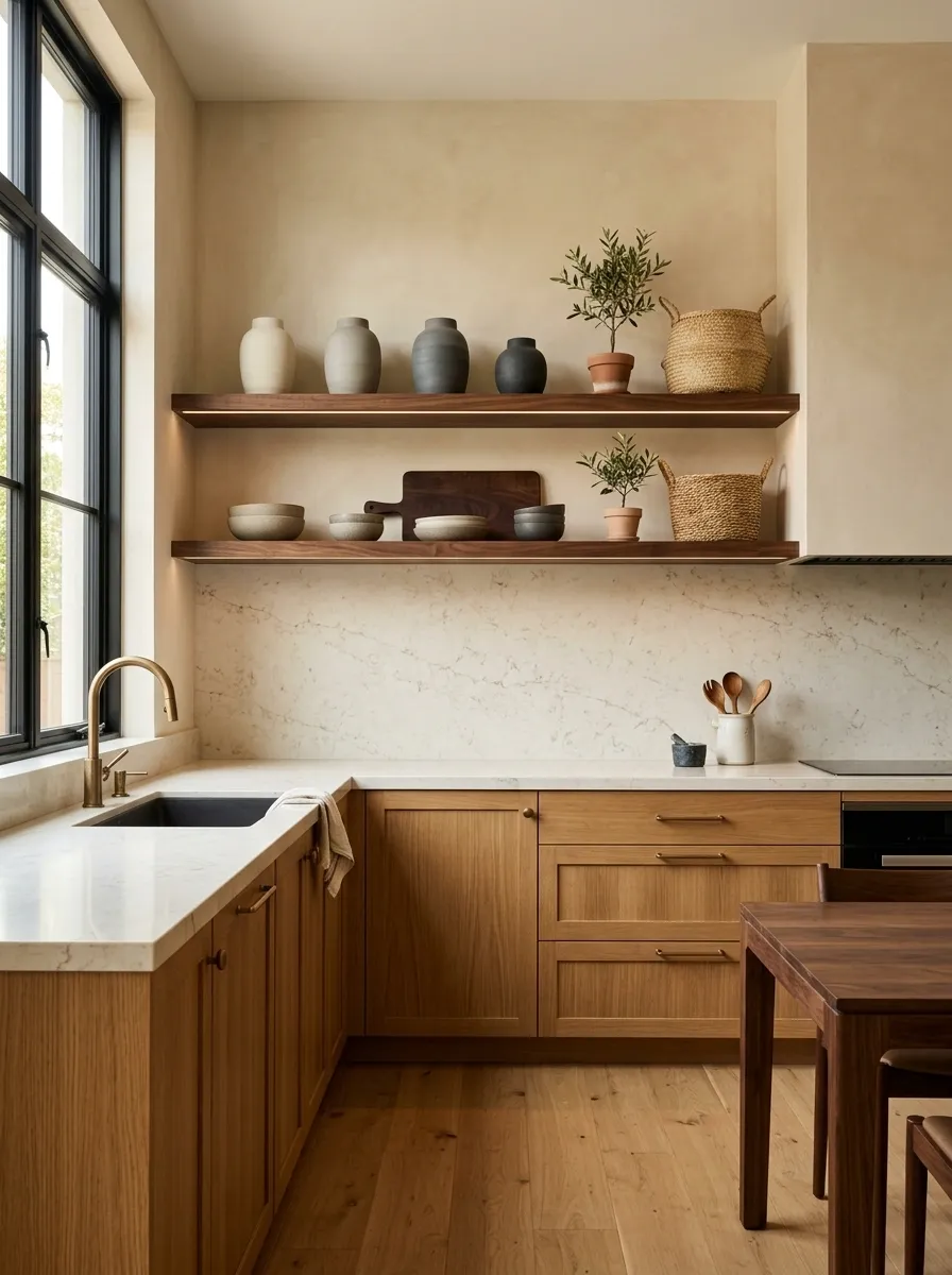 Warm Contemporary Kitchen With Oak Cabinets and Walnut Shelving