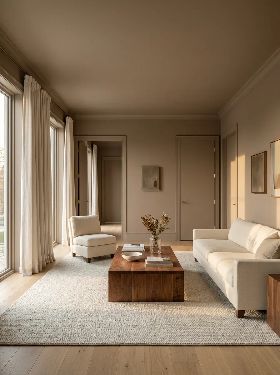 Warm Contemporary Room With a Tonal Ceiling and Door Trim