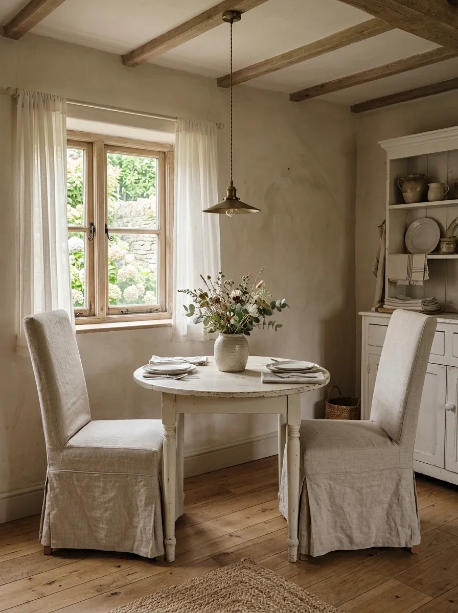 Warm Cottage Dining Room With Painted Table and Slipcovered Chairs