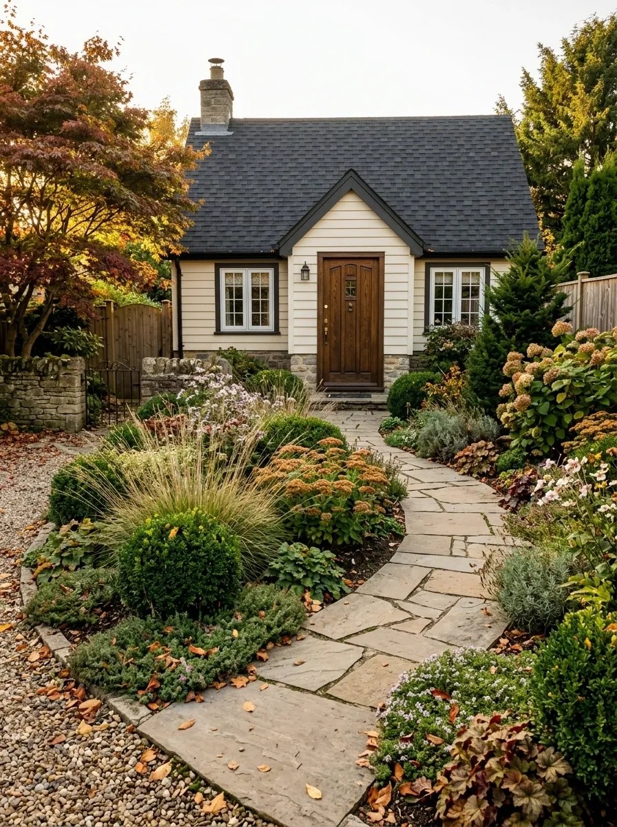 Warm Cottage Entry With Curved Planting Beds