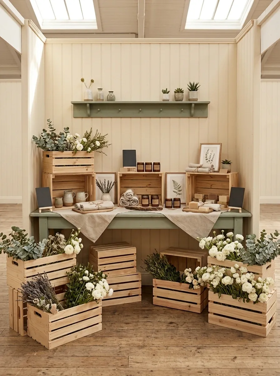 Warm Cottage Market Booth With Painted Wood and Soft Florals