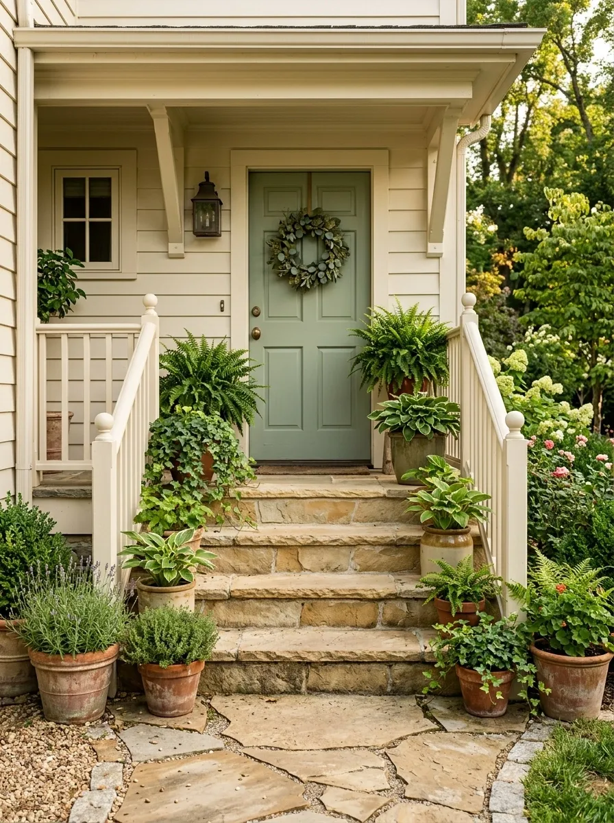 Warm Cottage Steps With a Painted Railing and Layered Planting