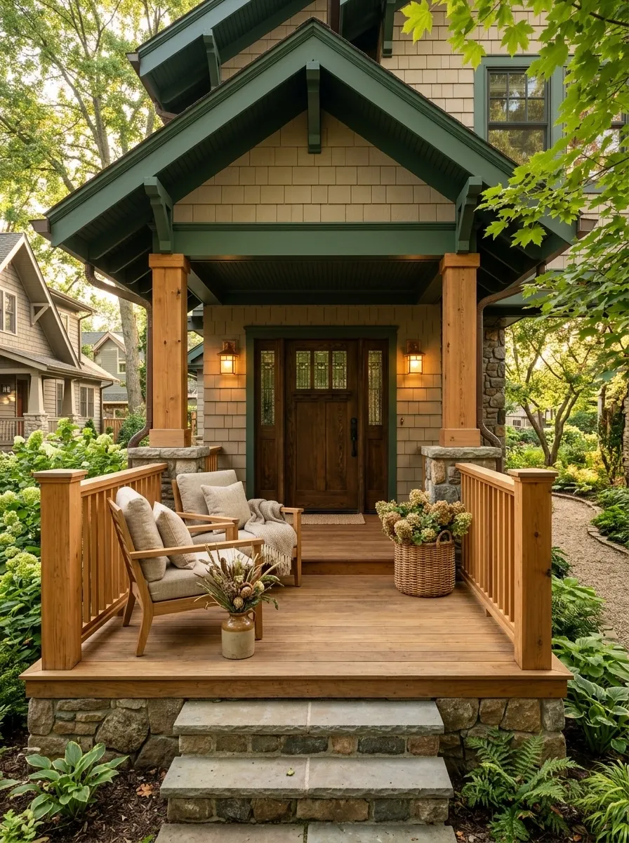Warm Craftsman Porch With Cedar Railings and Deep Green Trim