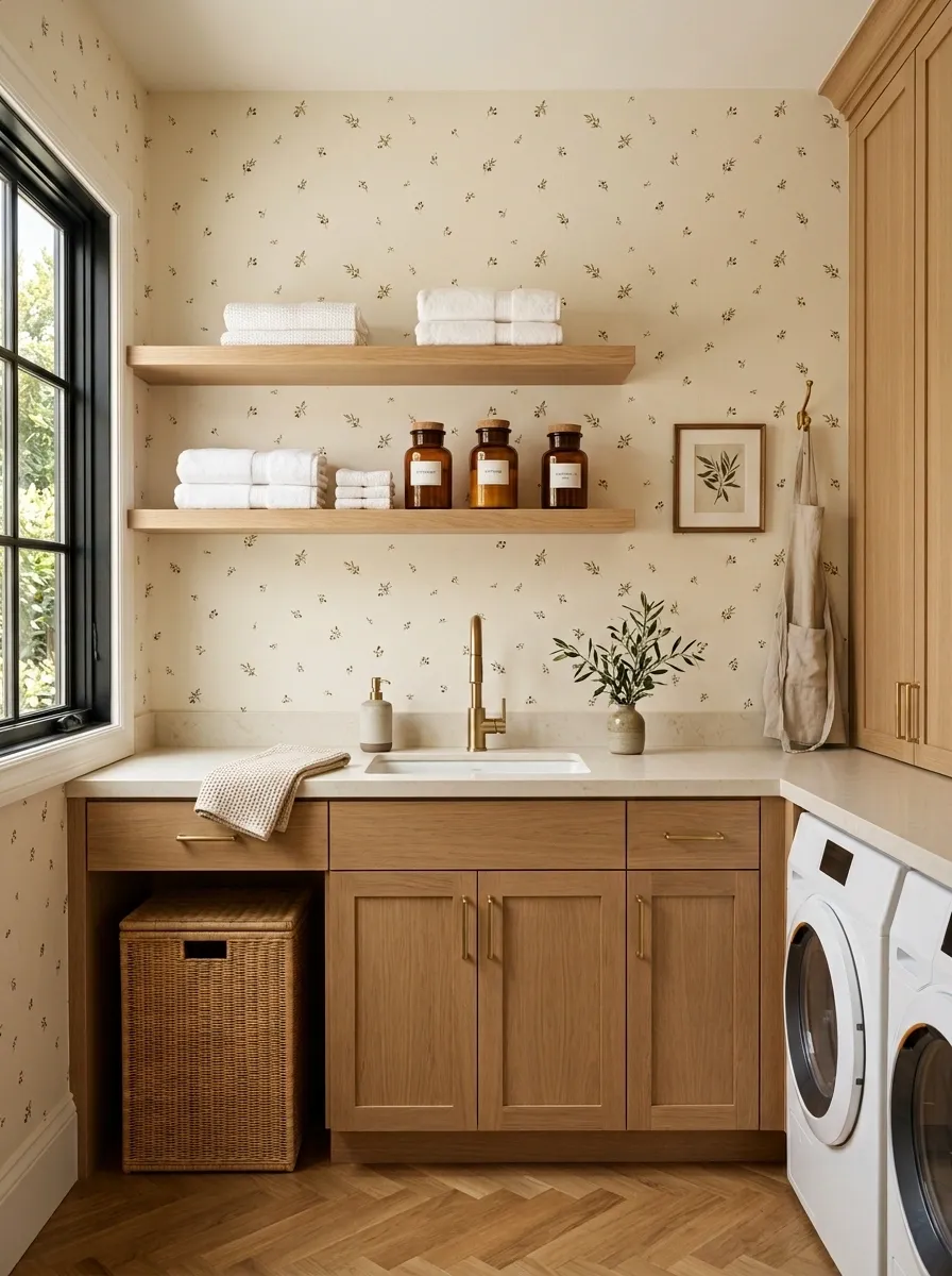 Warm Cream Wallpaper With Tiny Olive Motifs and Oak