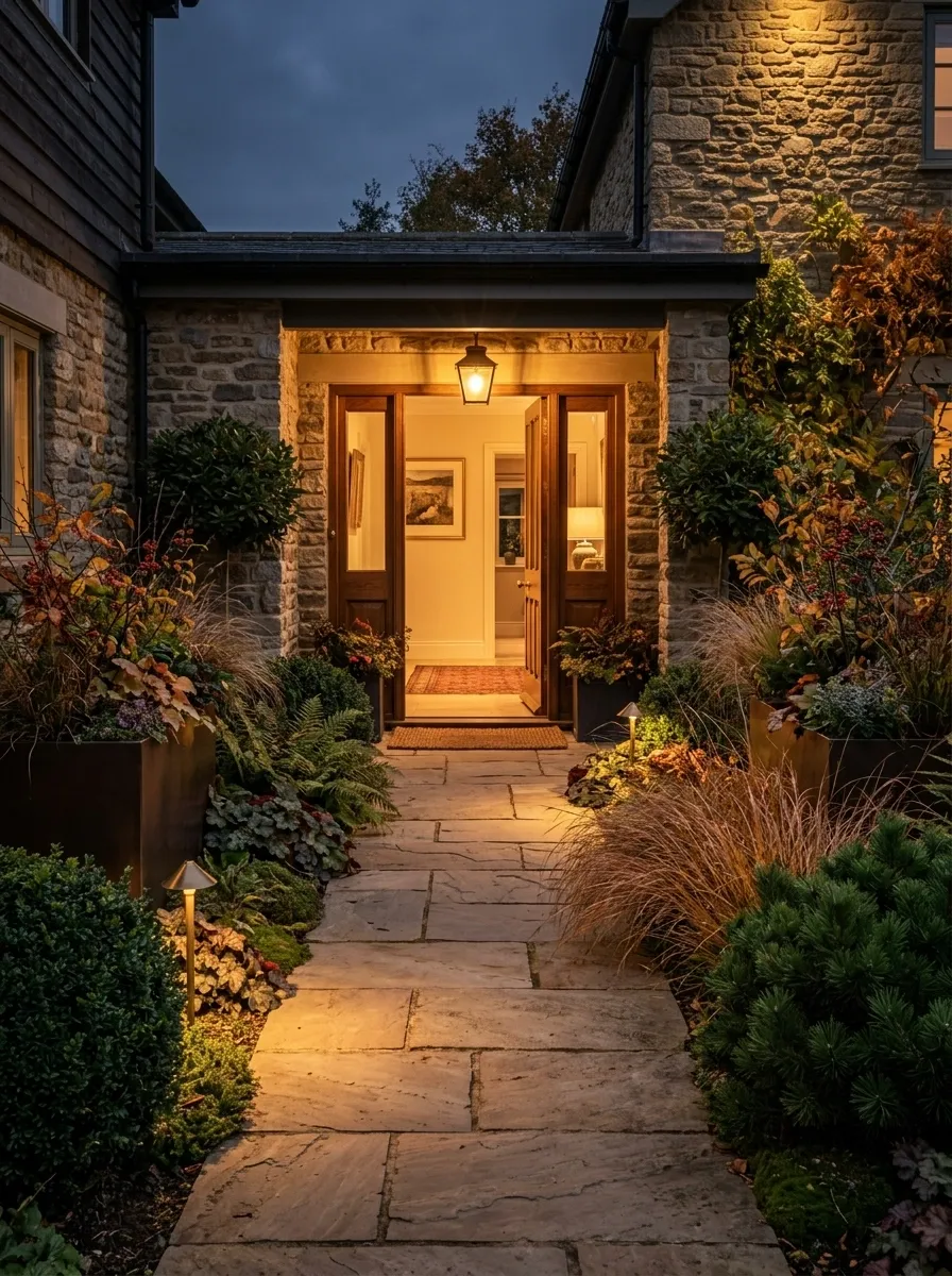 Warm Entry Garden With Lantern Lighting