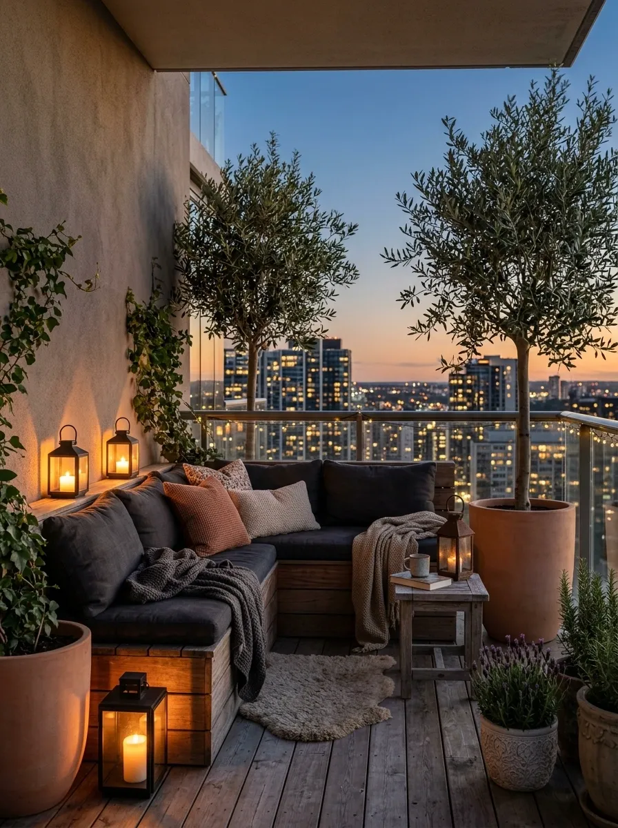 Warm Evening Balcony With Lantern Lighting and Olive Trees