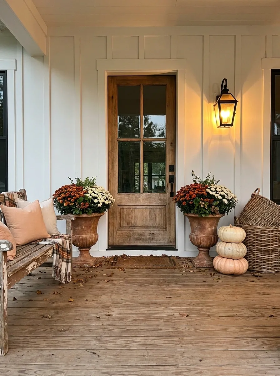 Warm Farmhouse Entry With Mixed Orange and Cream Mums
