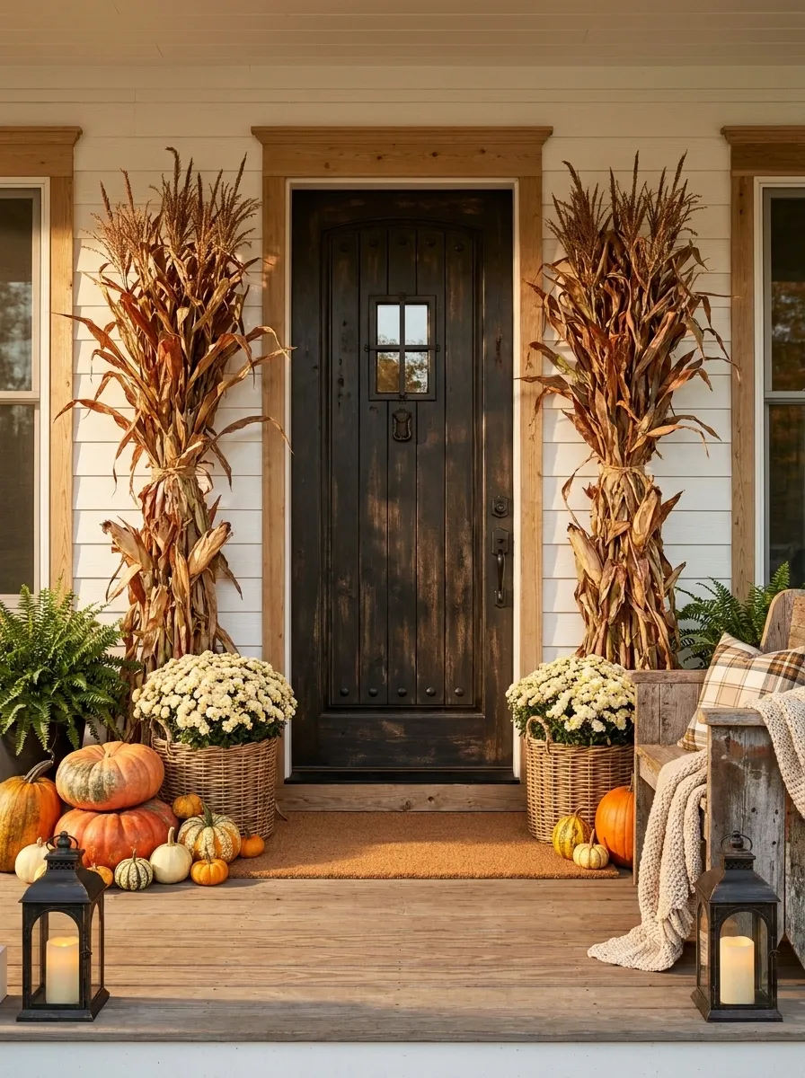 Warm Farmhouse Entry With Twin Corn Stalk Columns