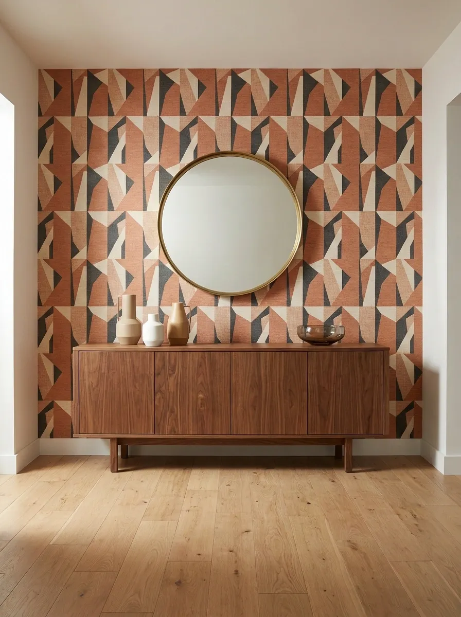 Warm Geometric Wallpaper With Mid-Century Furniture