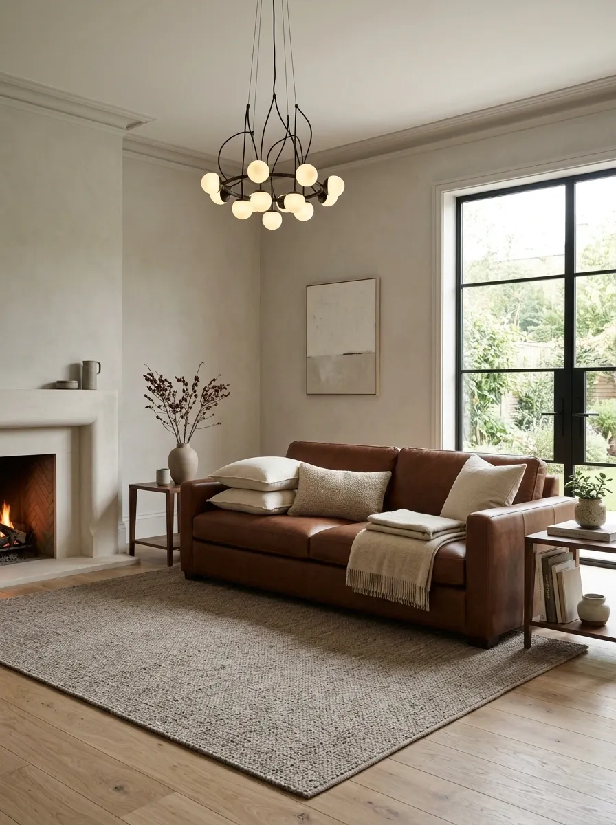 Warm Gray Living Room With a Chestnut Sofa