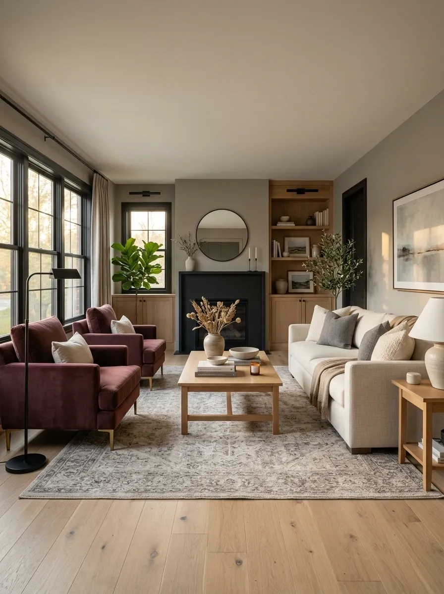 Warm Gray Living Room With Burgundy Chairs and Oak
