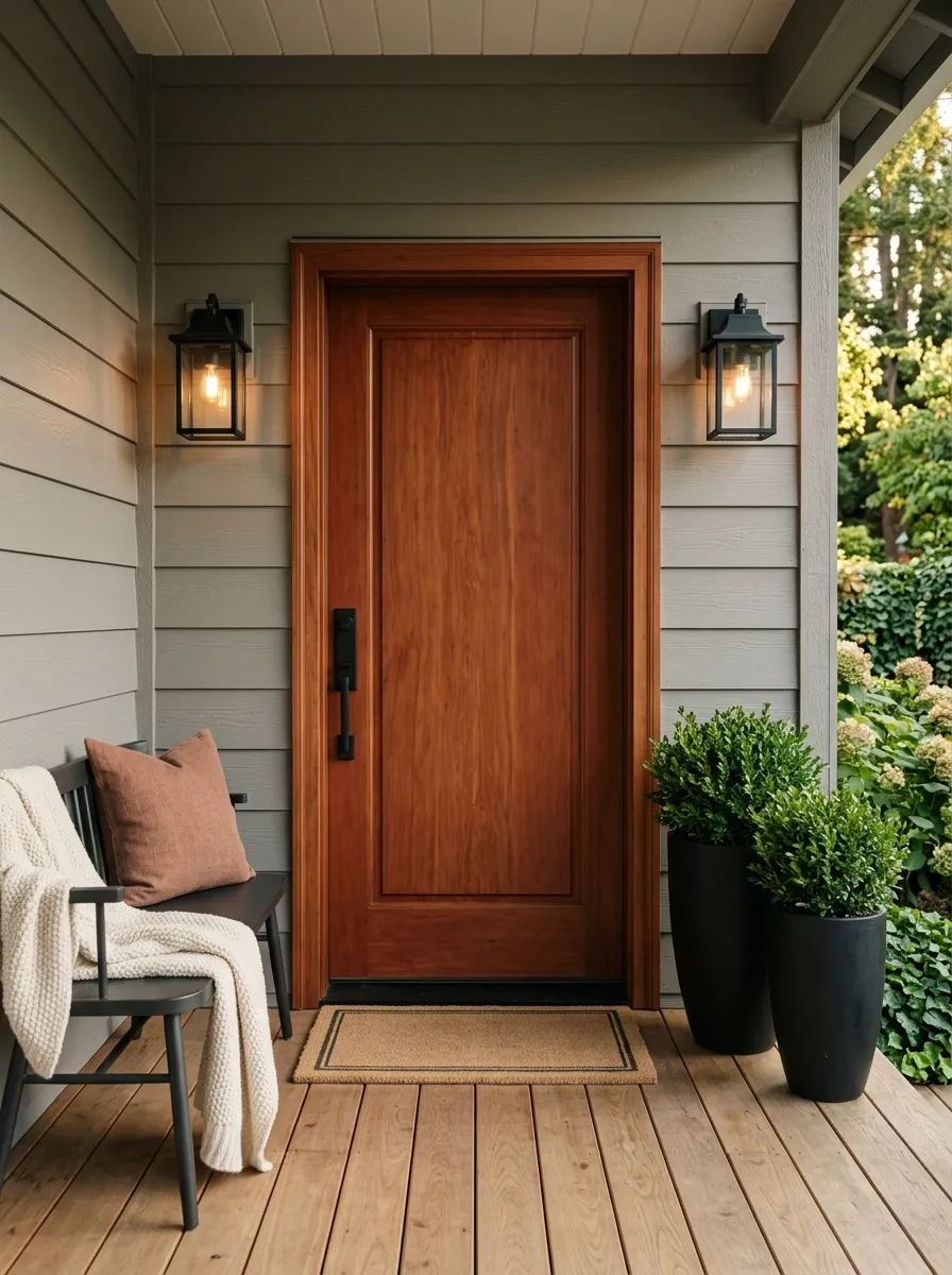 Warm Gray Porch With Cedar Door and Rust Accents