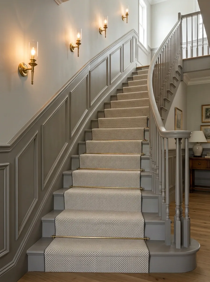 Warm Gray Staircase With Patterned Runner and Brass Sconces