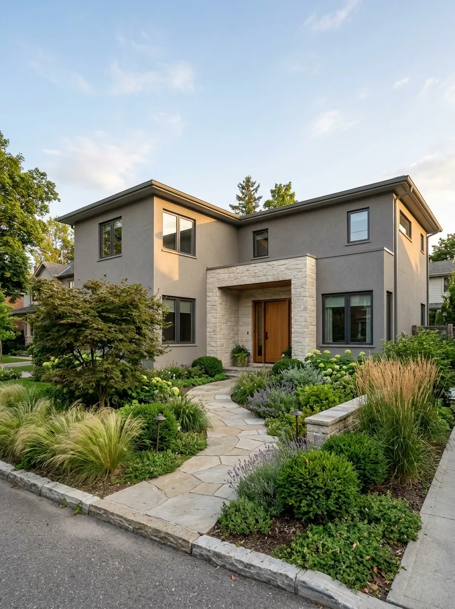 Warm Gray Stucco House With Stone Entry Court