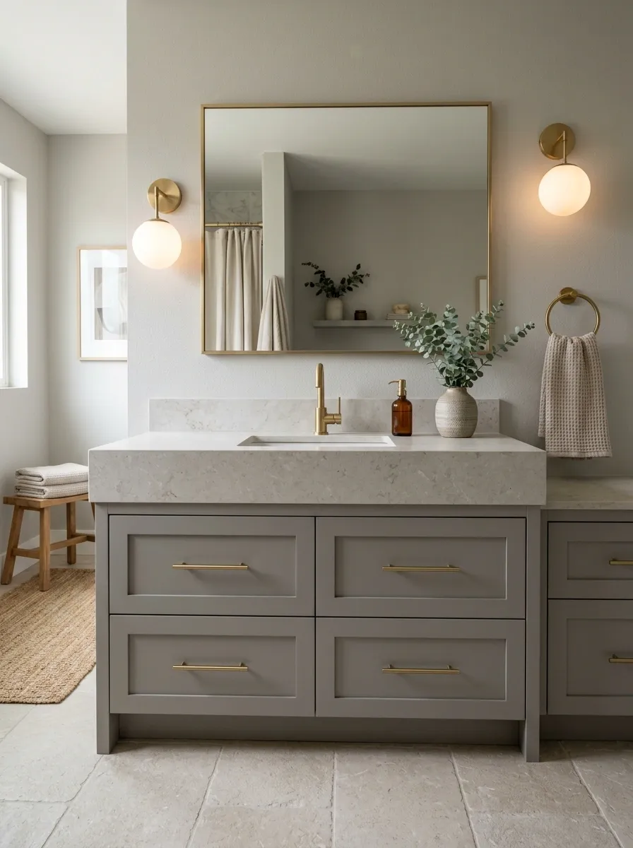 Warm Gray Vanity With Large Limestone-Look Counter