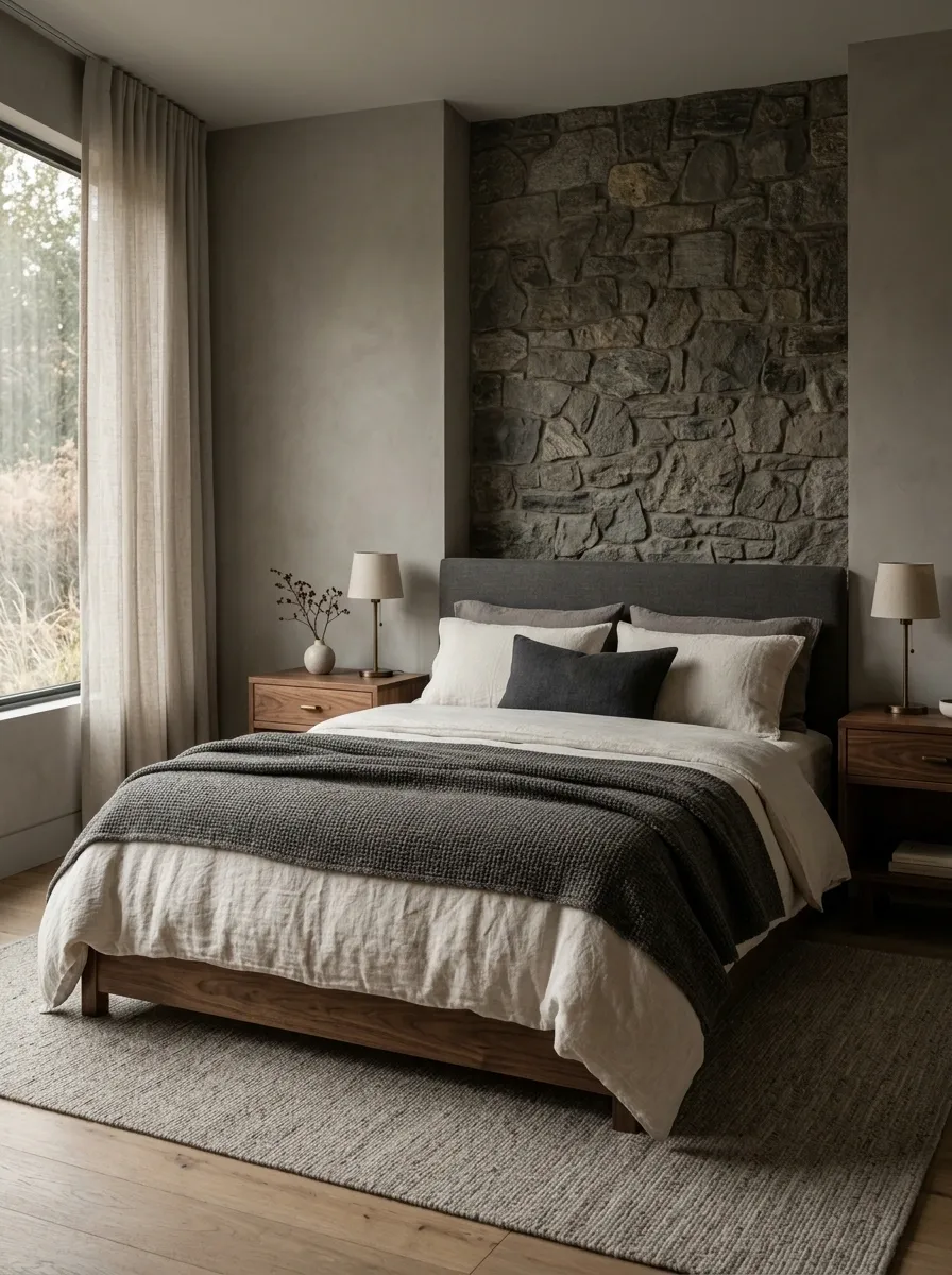 Warm Gray Walls With Walnut Nightstands