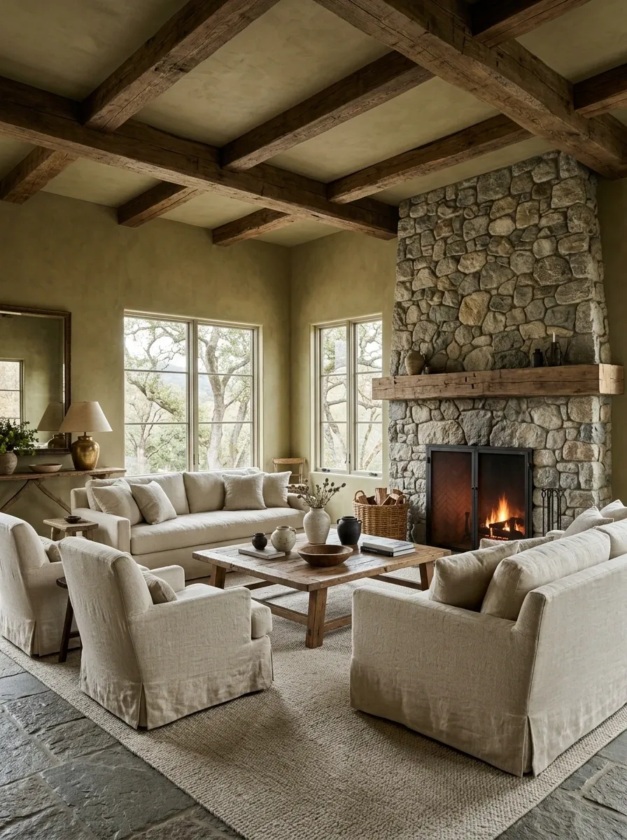 Warm Green Living Room With Exposed Beams and Stone Flooring