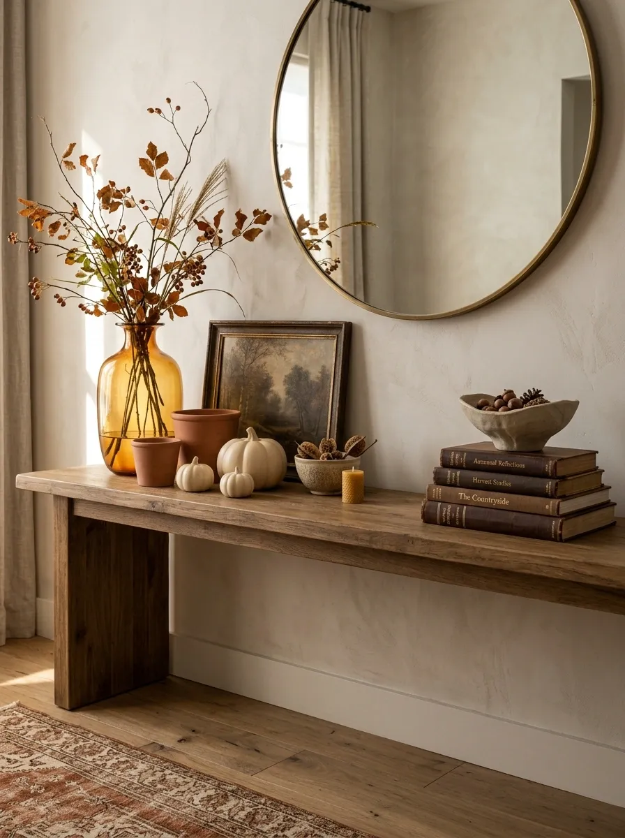 Warm Harvest Entry With Terracotta, Amber Glass, and Aged Wood