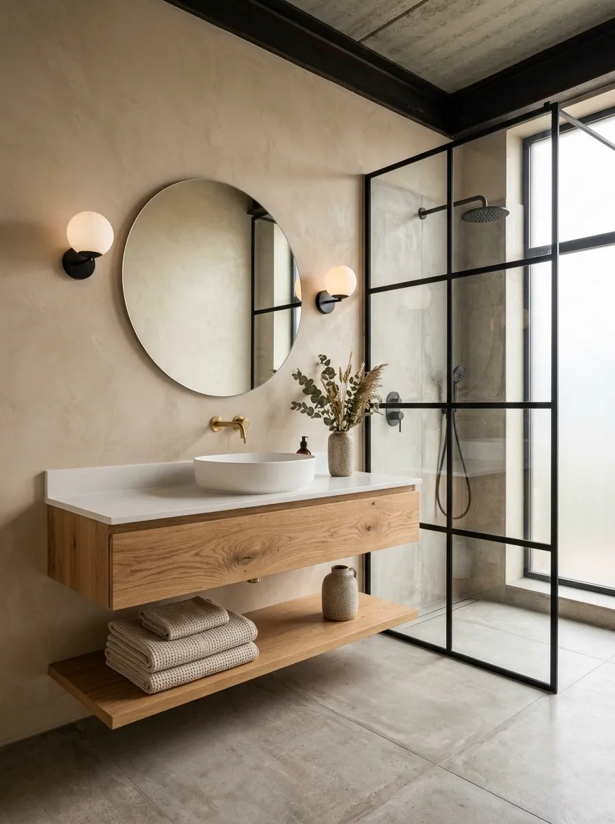 Warm Industrial Beige Bathroom With Concrete and Oak