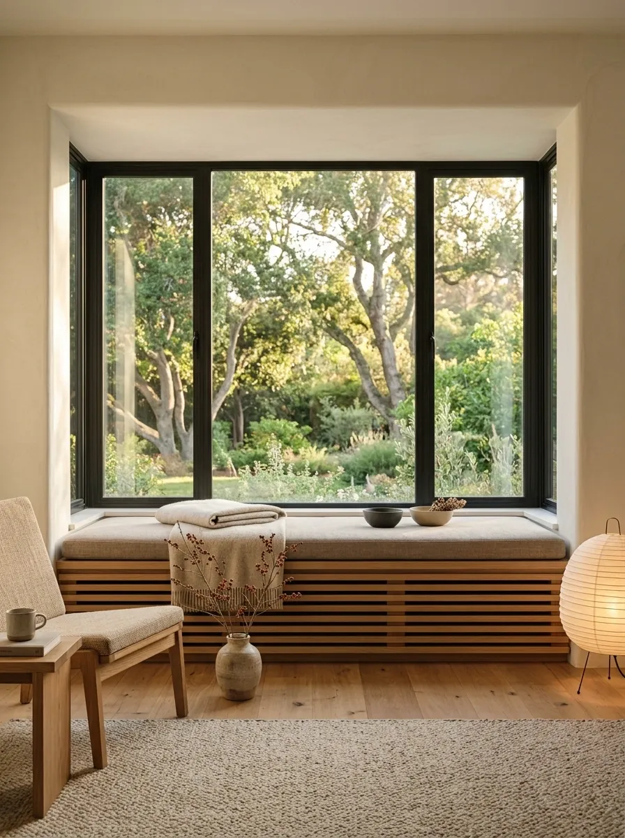 Warm Japandi Window Bench With Slatted Wood Storage