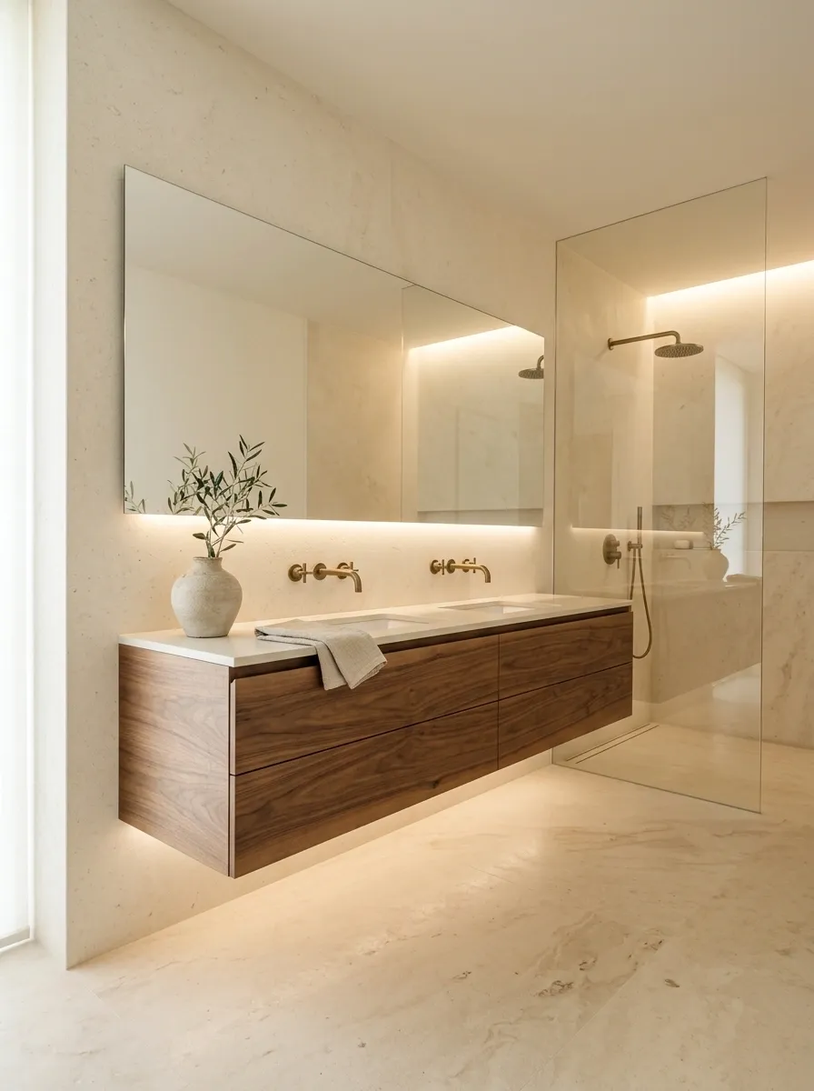 Warm Limestone Bathroom With Floating Walnut Vanity