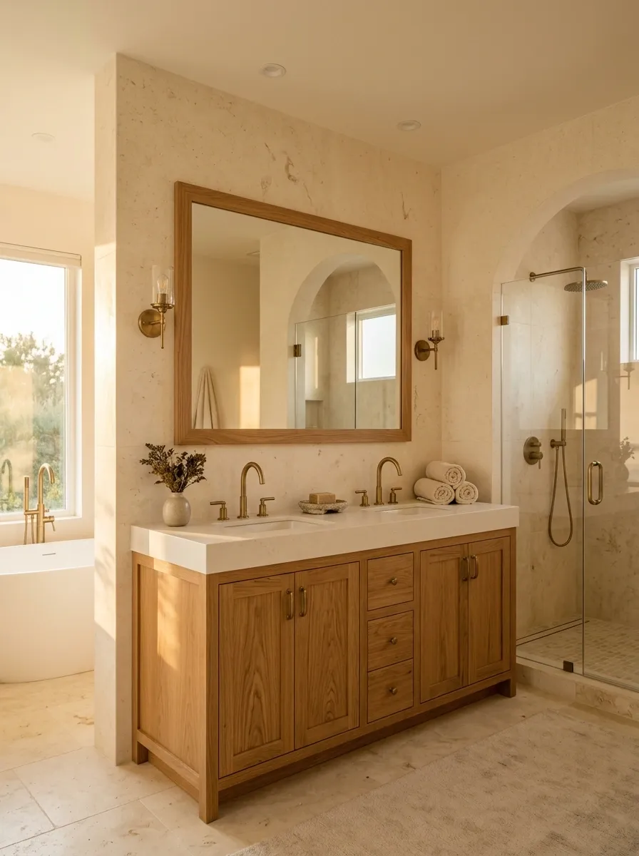Warm Limestone Bathroom With Oak and Aged Brass