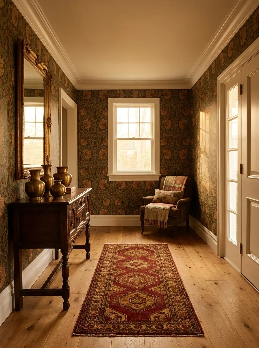 Warm Maximalist Entryway With Layered Pattern