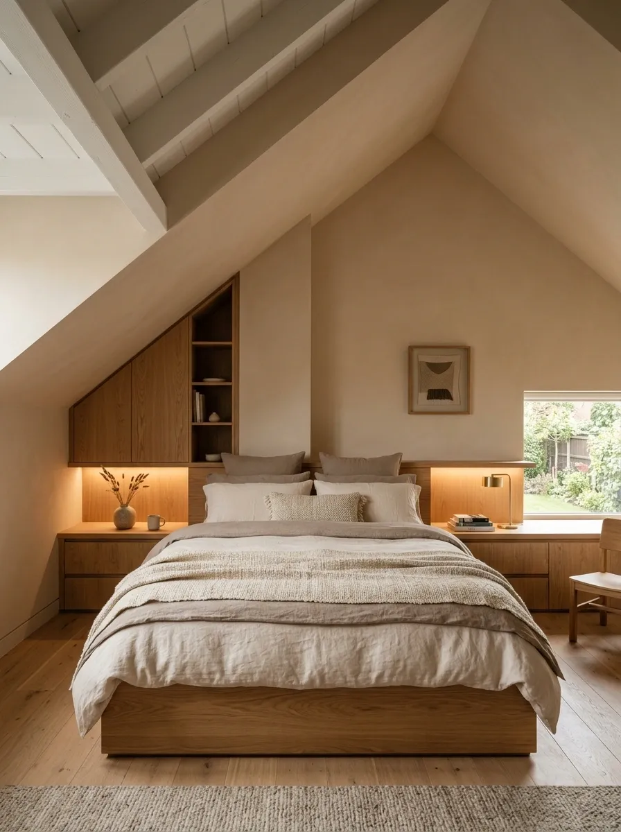 Warm Minimal Bedroom With a Built-In Headboard Wall