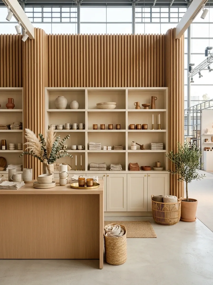 Warm Minimal Booth With Oak Slat Walls and Cream Shelving