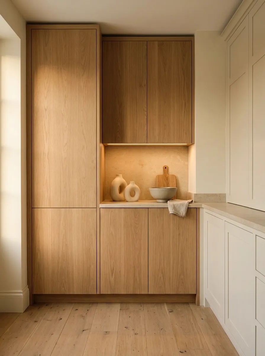 Warm Minimal Corner With a Monolithic Oak Cabinet