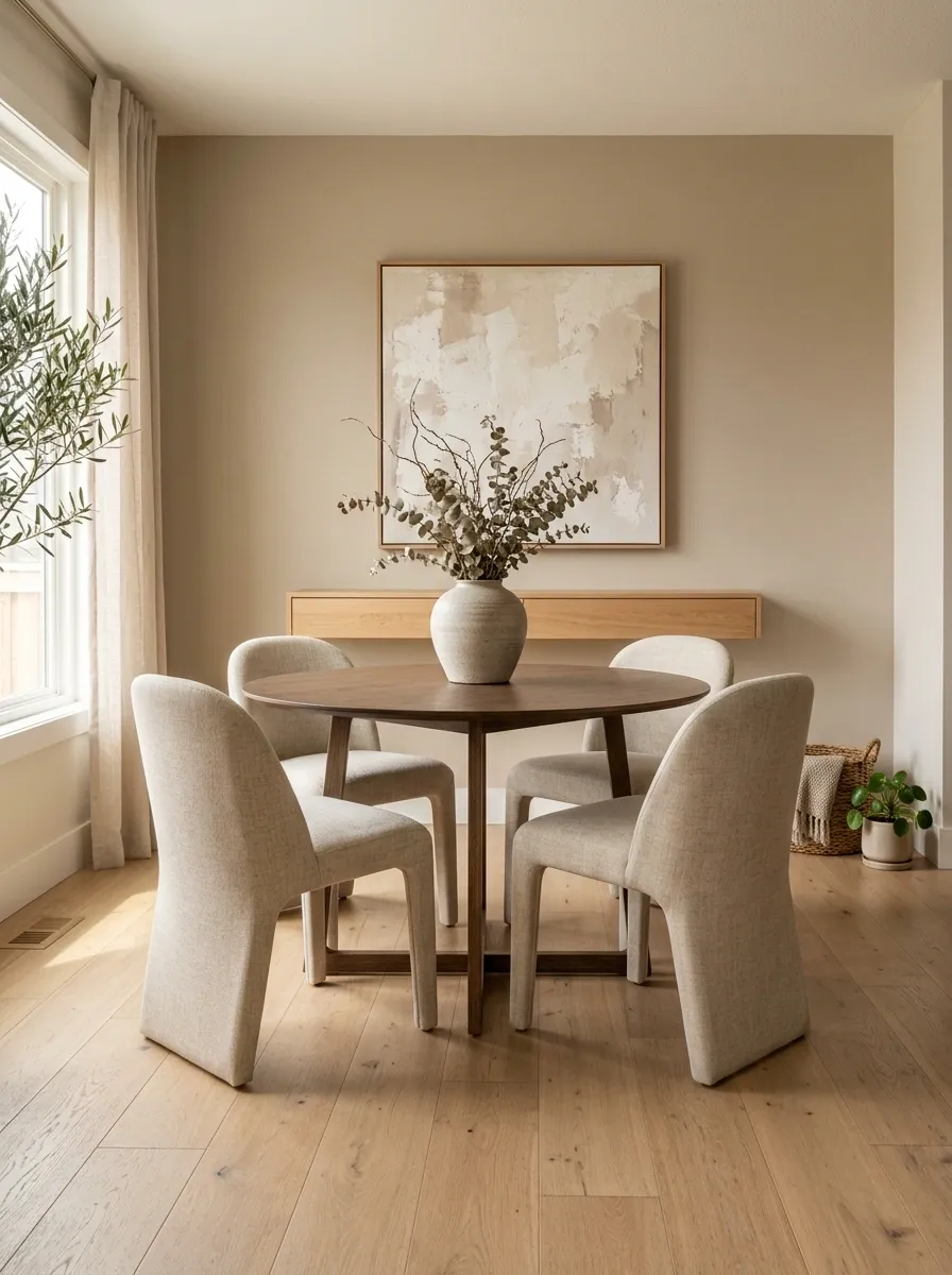 Warm Minimal Dining Room With Floating Console and Pedestal Table