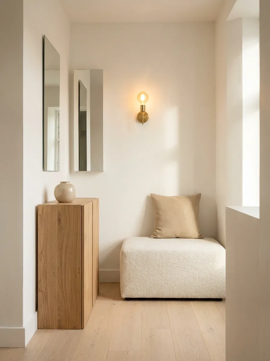 Warm Minimal Entryway With a Narrow Oak Cabinet and Linen Bench