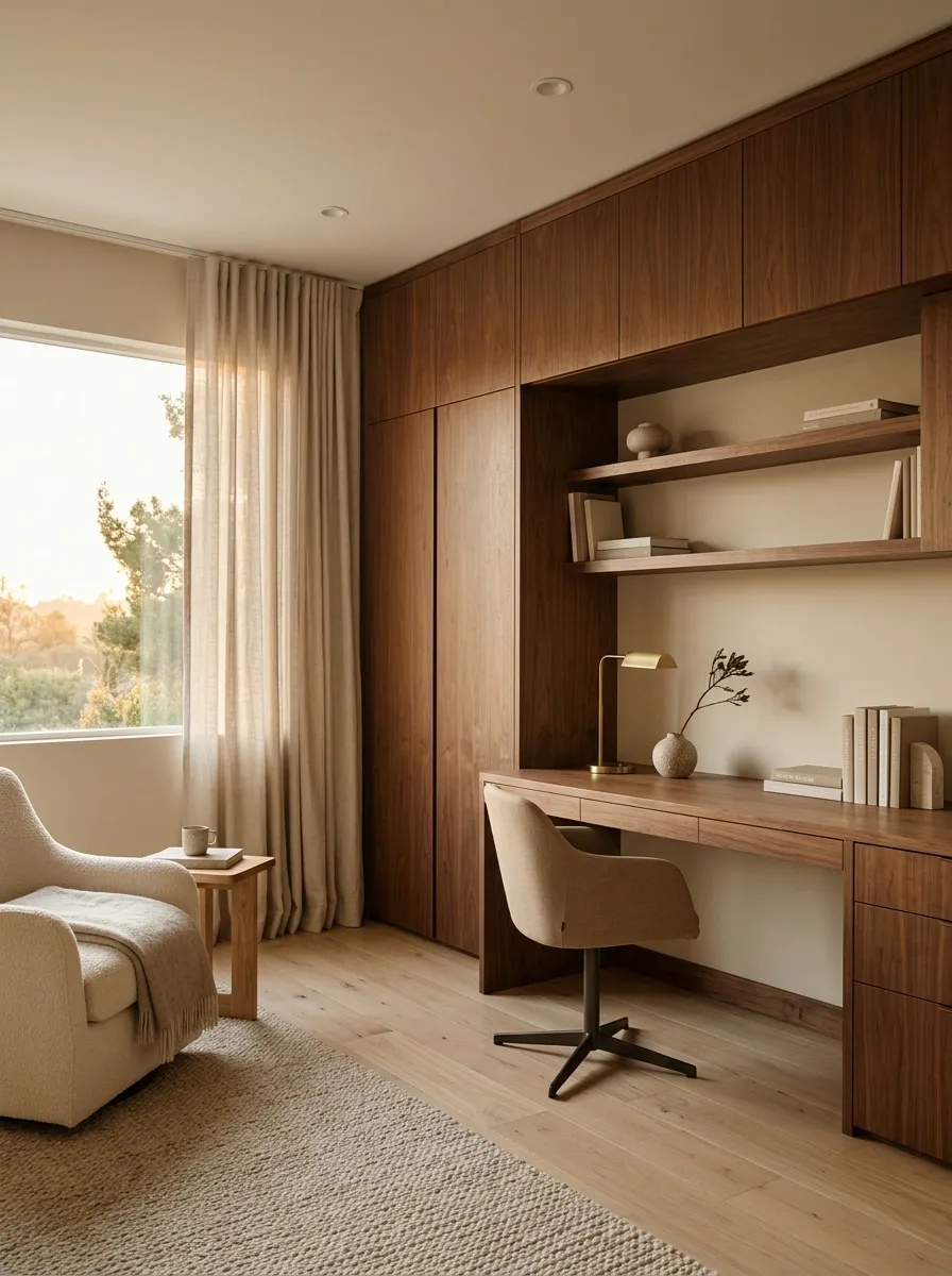 Warm Minimal Guest Room With a Concealed Rollaway Bed