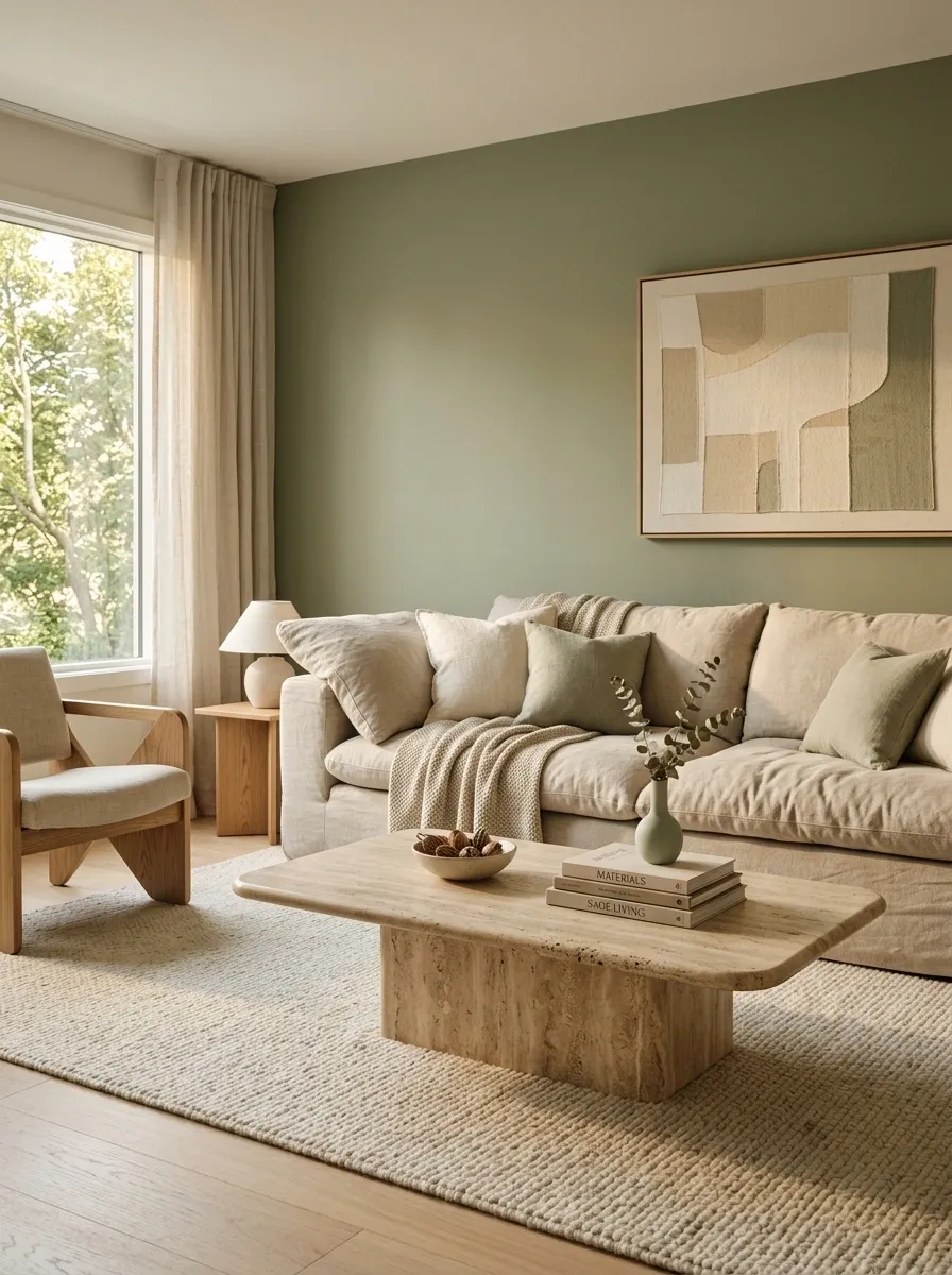 Warm Minimal Sage Living Room With Travertine and Oatmeal Upholstery