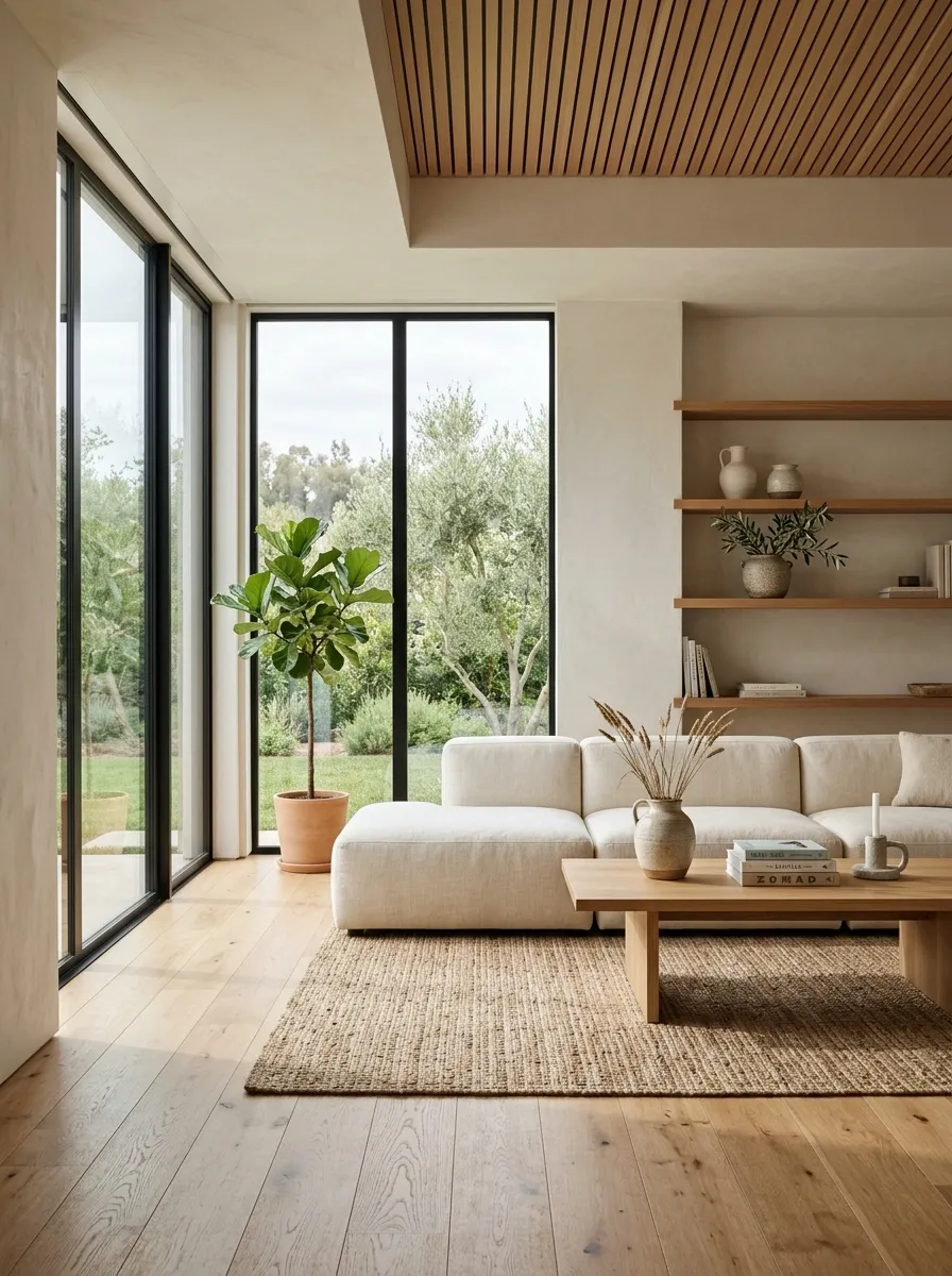 Warm Minimalist Living Room With Oak and Cedar Details