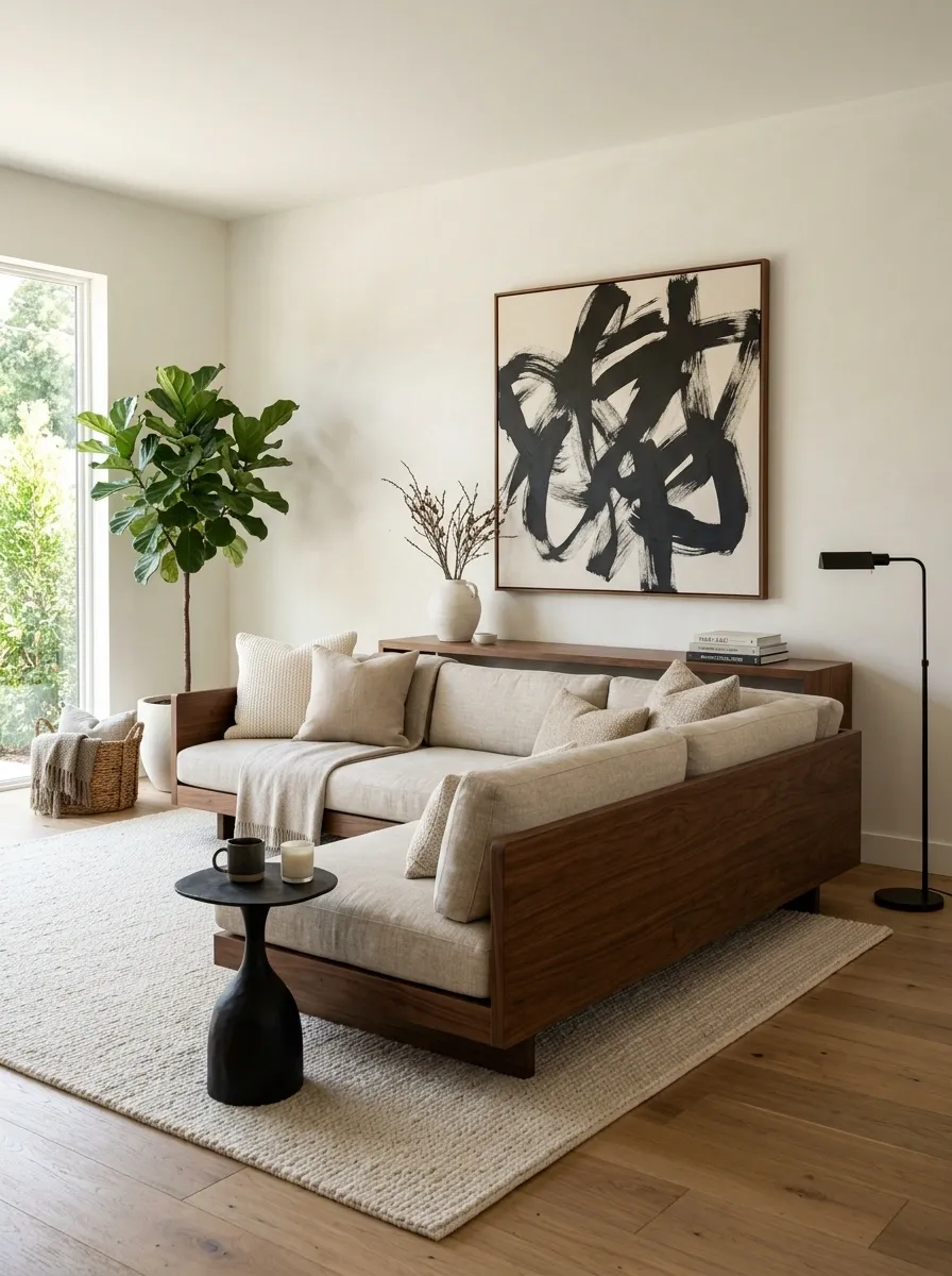 Warm Minimalist Room With Low Walnut Sectional and Sofa Table