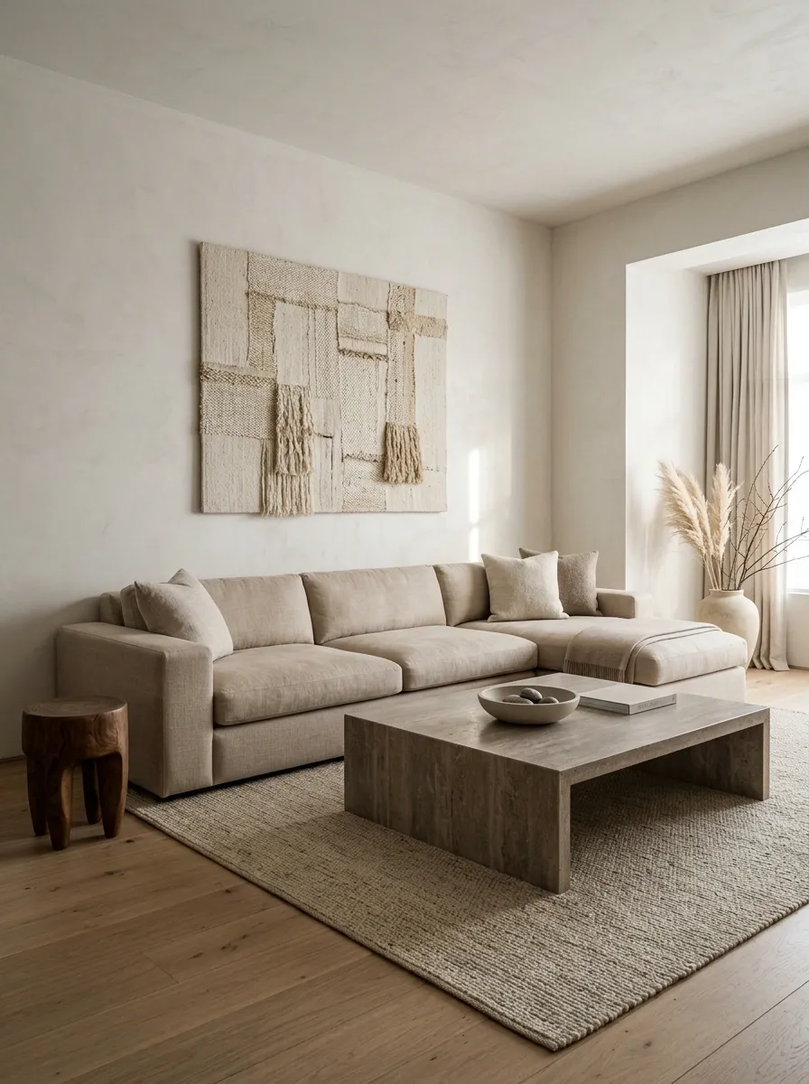 Warm Minimalist Sectional With a Monolithic Stone Table