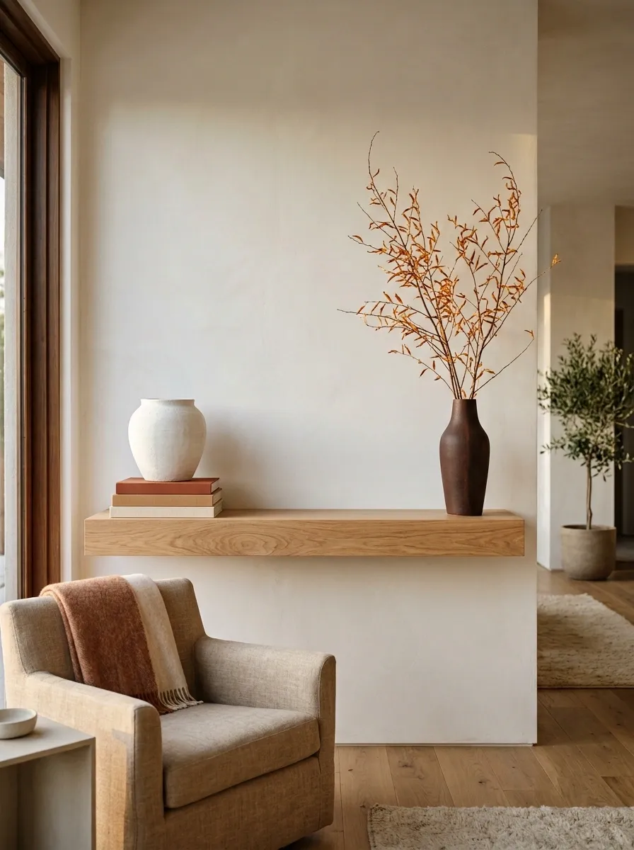 Warm Minimalist Shelf With Three Large Autumn Statements